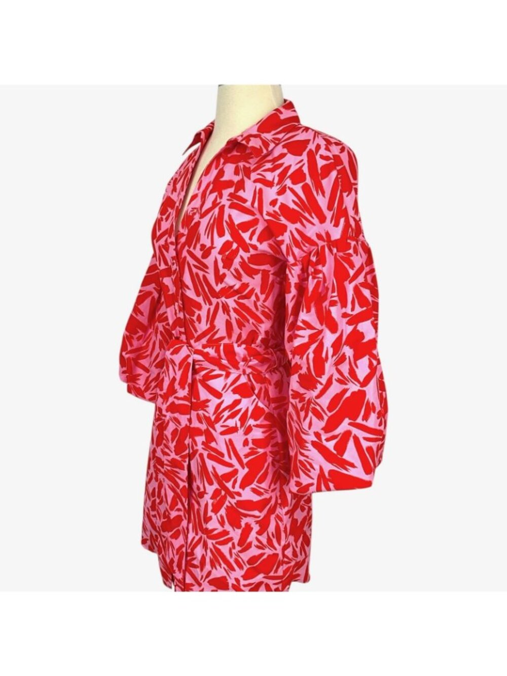 Veronica Beard Samy Shirt Dress Womens 00 Pink Abstract Belted 3/4 Sleeve Mini - Picture 3 of 13